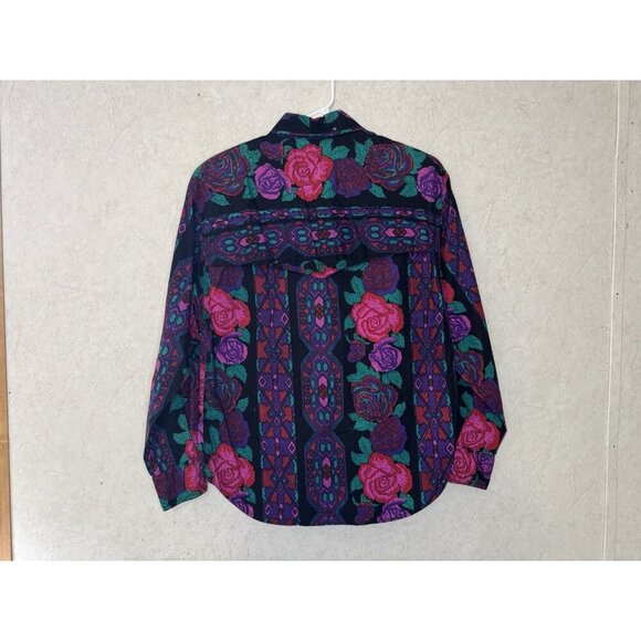 ADOBE ROSE Vtg Purple Floral Button Shirt Western Rodeo Aztec Rockabilly LARGE - Picture 3 of 12